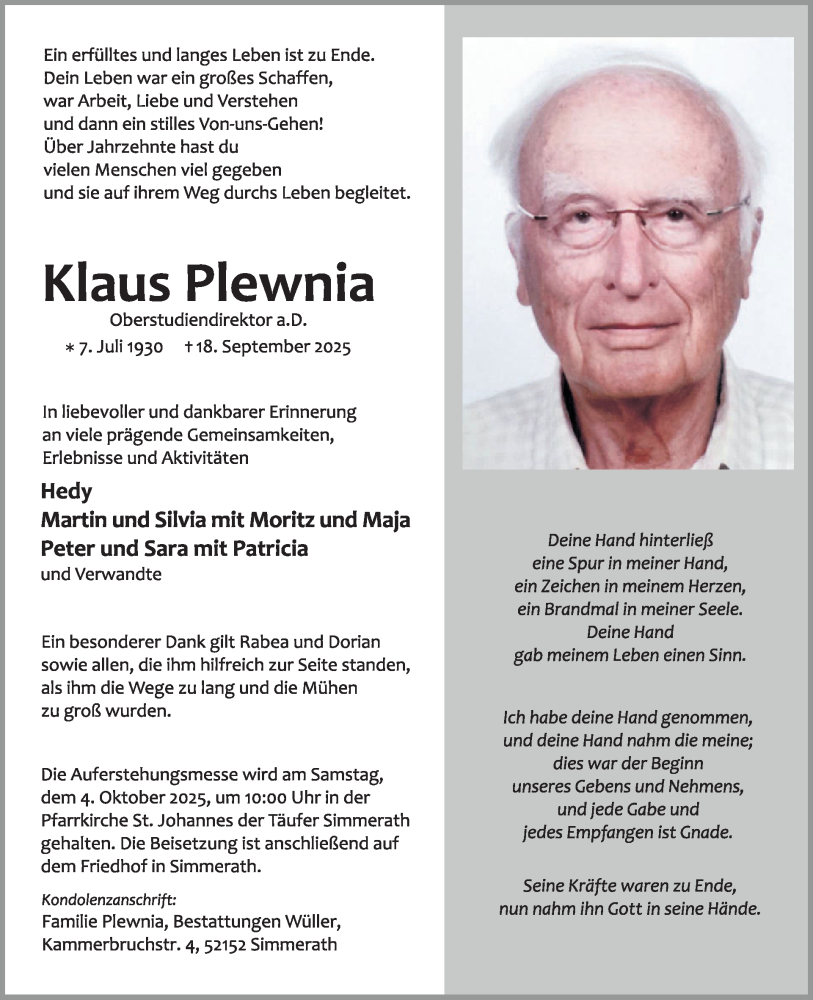  Traueranzeige für Klaus Plewnia vom 24.09.2025 aus WochenSpiegel