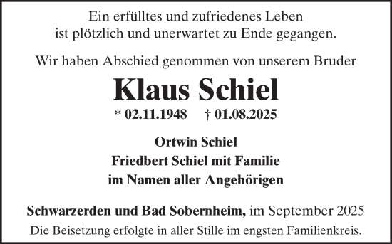Traueranzeige von Klaus Schiel von WochenSpiegel