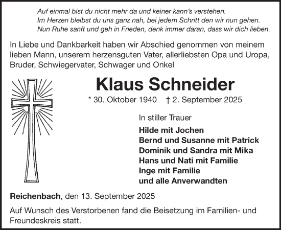 Traueranzeige von Klaus Schneider von WochenSpiegel