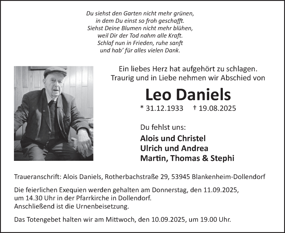 Traueranzeige für Leo Daniels vom 03.09.2025 aus WochenSpiegel