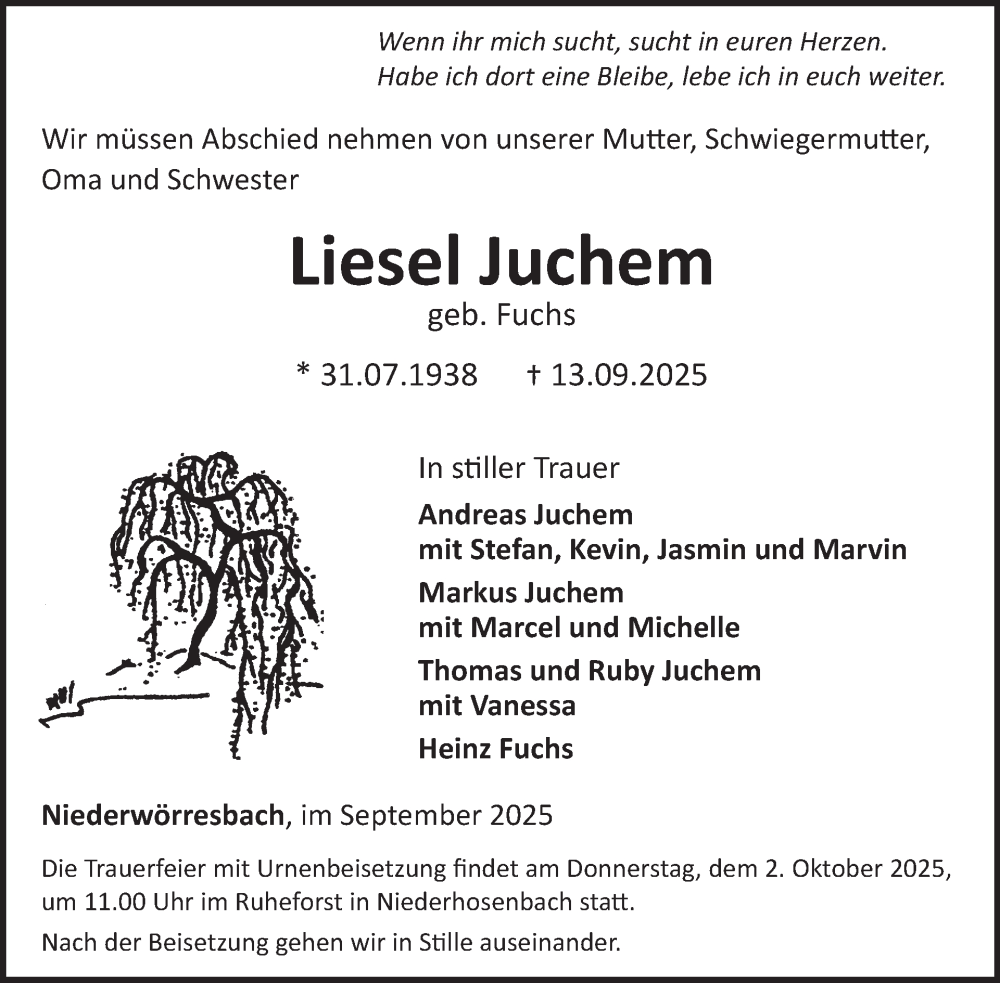  Traueranzeige für Liesel Juchem vom 27.09.2025 aus WochenSpiegel