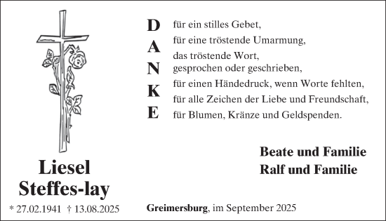 Traueranzeige von Liesel Steffes-lay von WochenSpiegel