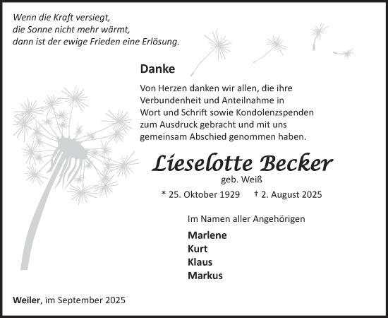 Traueranzeige von Lieselotte Becker von WochenSpiegel