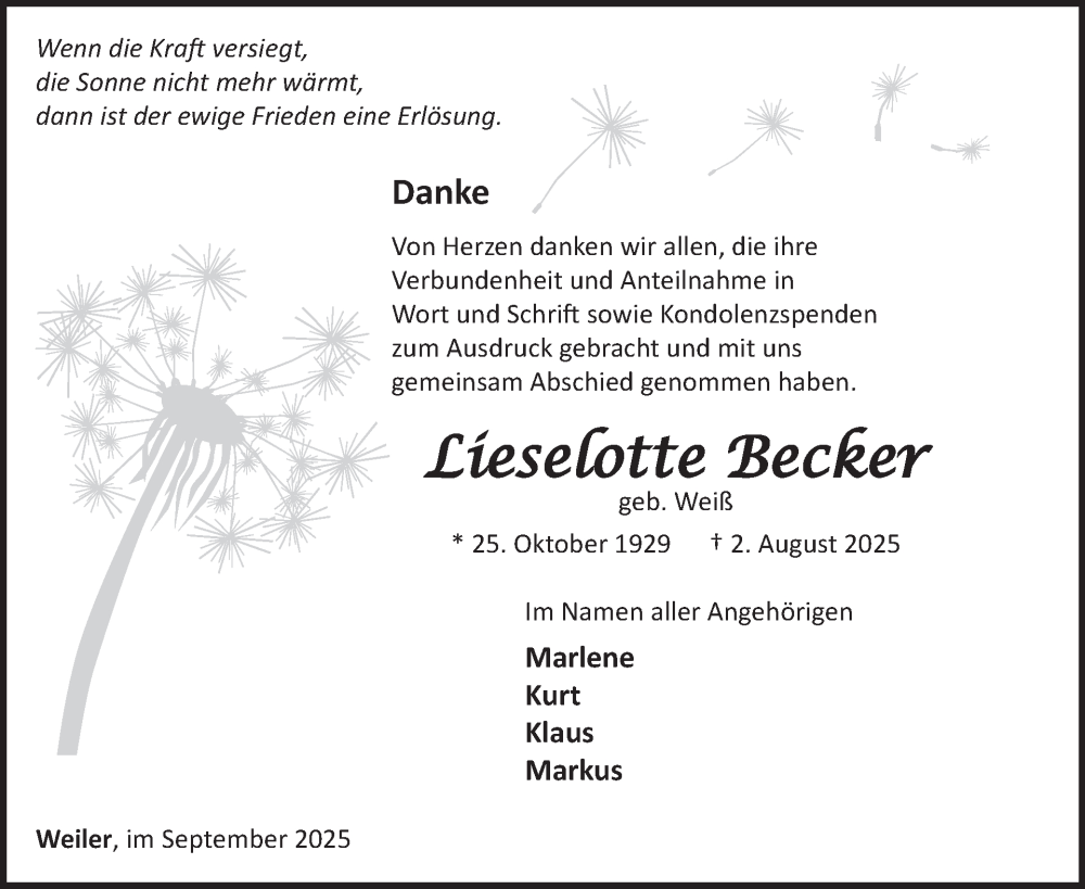  Traueranzeige für Lieselotte Becker vom 06.09.2025 aus WochenSpiegel