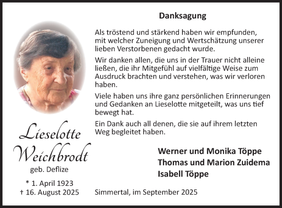 Traueranzeige von Lieselotte Weichbrodt von WochenSpiegel