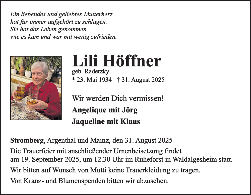  Traueranzeige für Lili Höffner vom 06.09.2025 aus WochenSpiegel