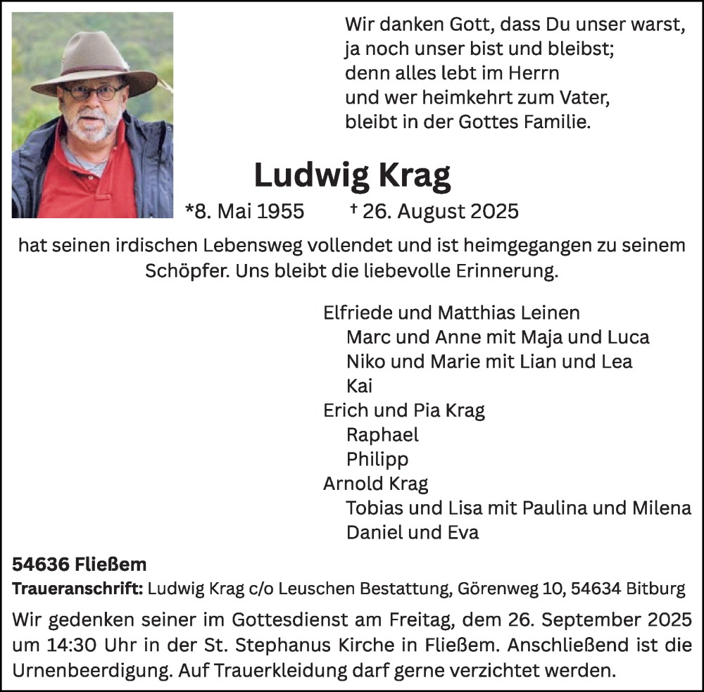  Traueranzeige für Ludwig Krag vom 19.09.2025 aus WochenSpiegel