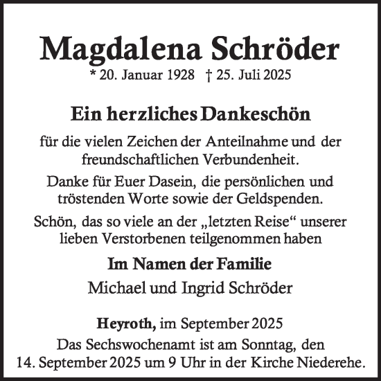 Traueranzeige von Magdalena Schröder von WochenSpiegel