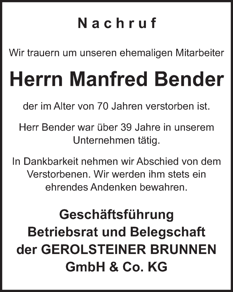  Traueranzeige für Manfred Bender vom 27.09.2025 aus WochenSpiegel