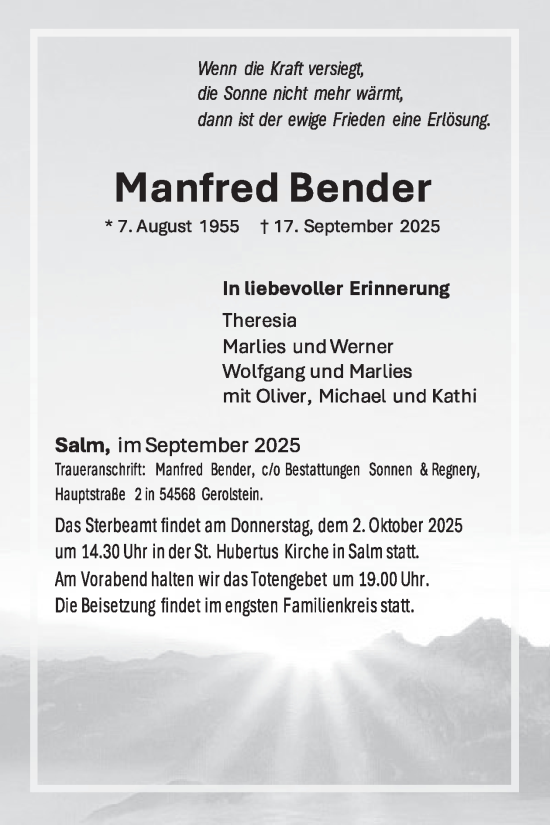 Traueranzeige von Manfred Bender von WochenSpiegel