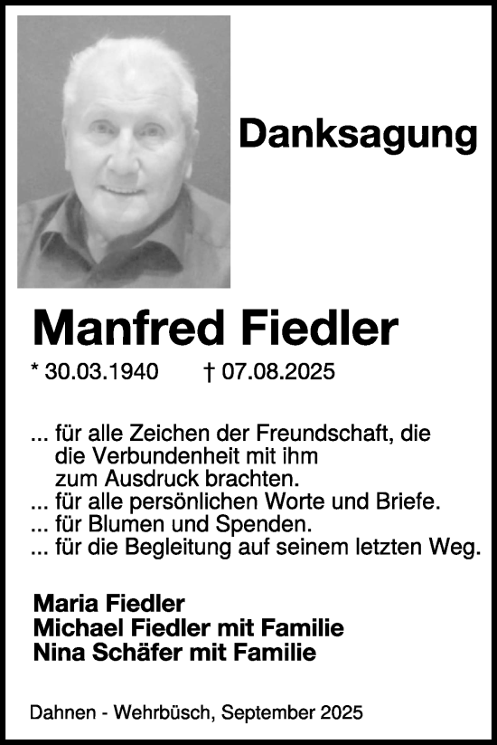 Traueranzeige von Manfred Fiedler von WochenSpiegel
