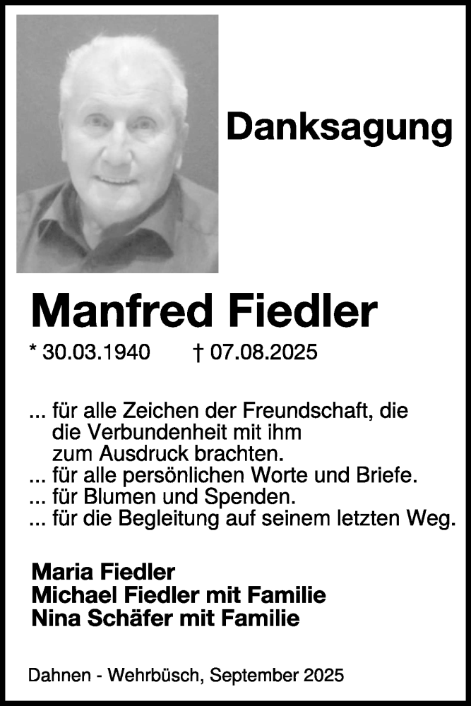  Traueranzeige für Manfred Fiedler vom 12.09.2025 aus WochenSpiegel