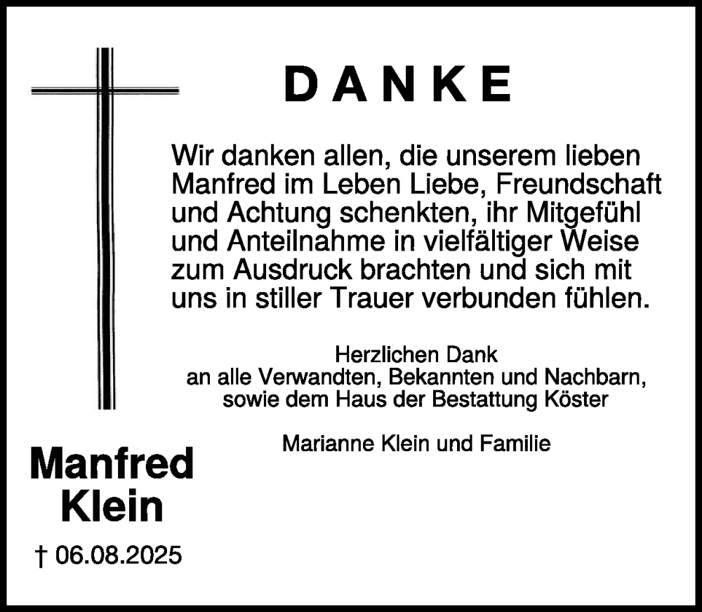  Traueranzeige für Manfred Klein vom 06.09.2025 aus WochenSpiegel