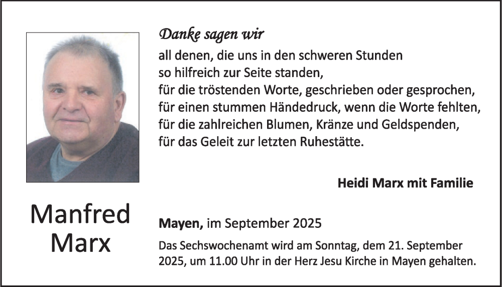  Traueranzeige für Manfred Marx vom 17.09.2025 aus WochenSpiegel