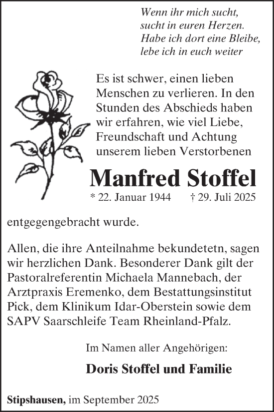 Traueranzeige von Manfred Stoffel von WochenSpiegel