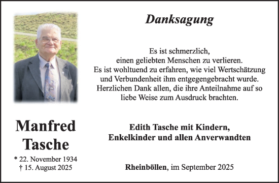 Traueranzeige von Manfred Tasche von WochenSpiegel