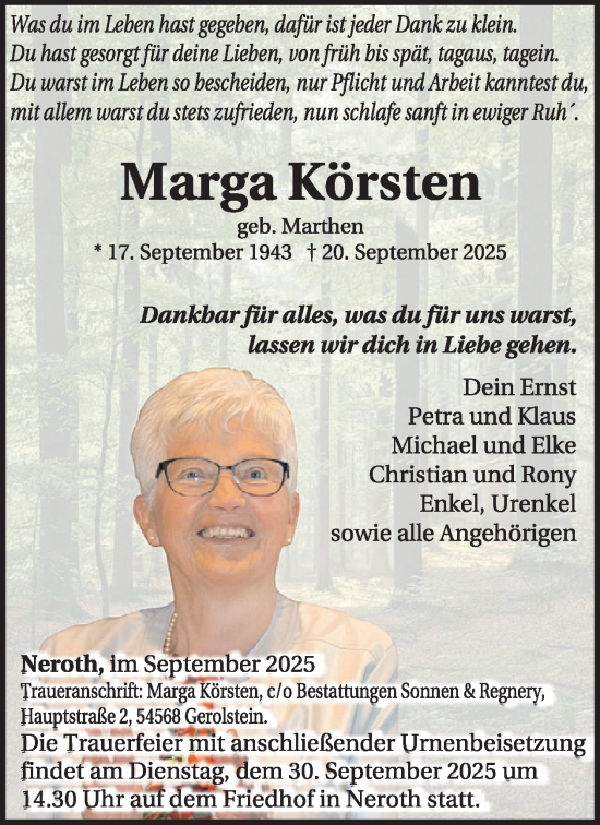 Traueranzeige von Marga Körsten von WochenSpiegel