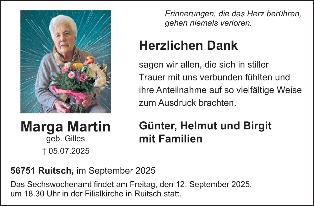  Traueranzeige für Marga Martin vom 03.09.2025 aus WochenSpiegel