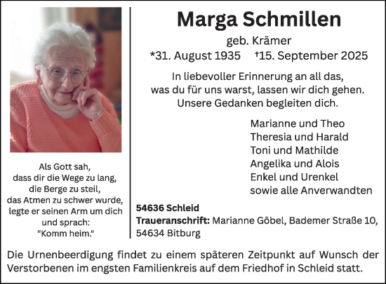 Traueranzeige von Marga Schmillen von WochenSpiegel