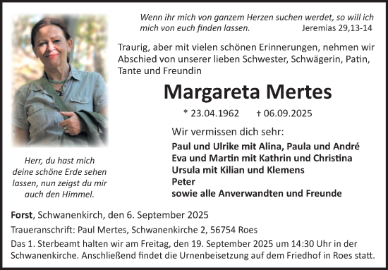 Traueranzeige von Margareta Mertes von WochenSpiegel