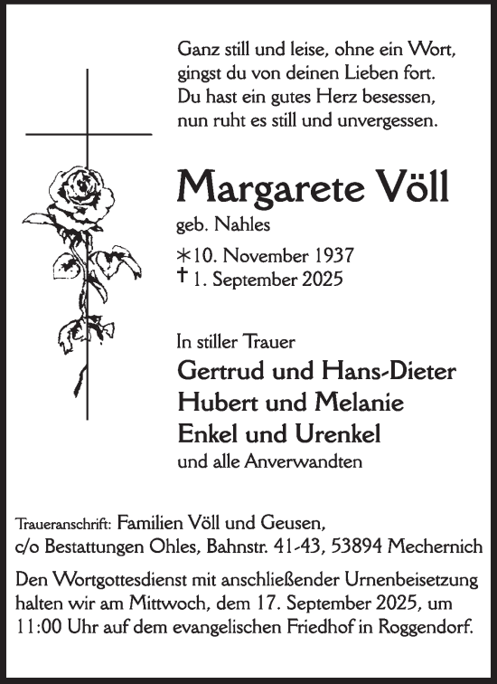 Traueranzeige von Margarete Völl von WochenSpiegel