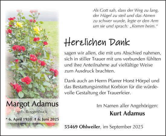 Traueranzeige von Margot Adamus von WochenSpiegel