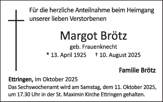 Traueranzeige von Margot Brötz von WochenSpiegel