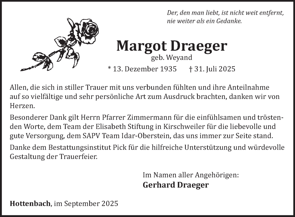  Traueranzeige für Margot Draeger vom 06.09.2025 aus WochenSpiegel