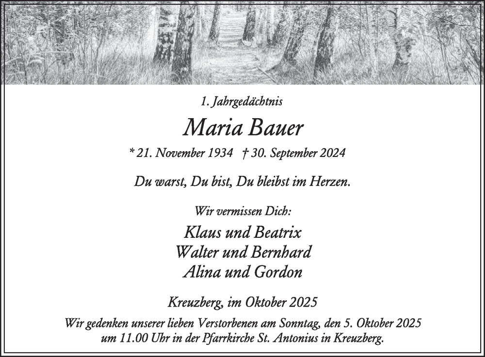  Traueranzeige für Maria Bauer vom 01.10.2025 aus WochenSpiegel