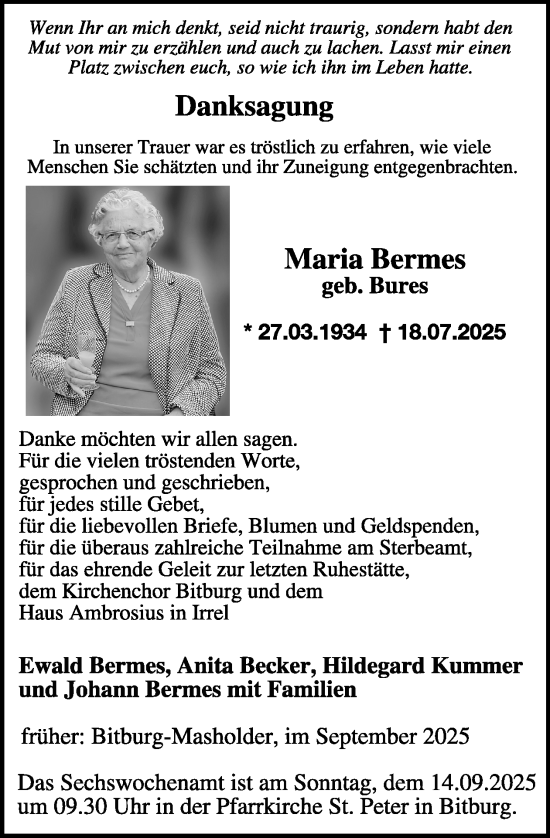 Traueranzeige von Maria Bermes von WochenSpiegel