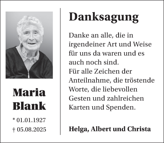 Traueranzeige von Maria Blank von WochenSpiegel