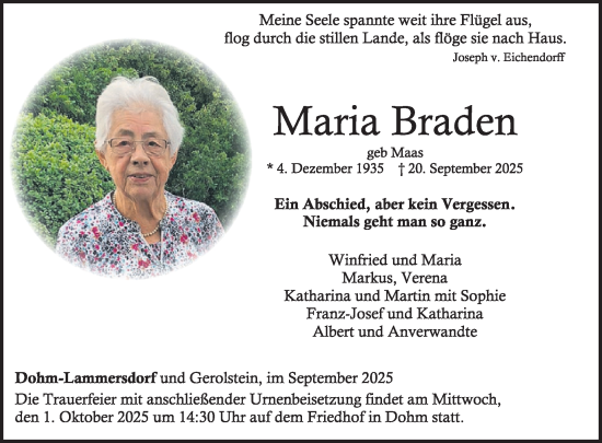 Traueranzeige von Maria Braden von WochenSpiegel