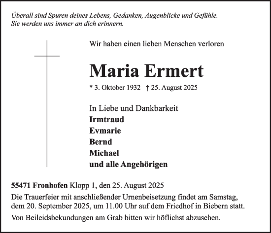 Traueranzeige von Maria Ermert von WochenSpiegel