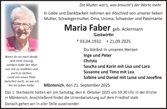 Traueranzeige von Maria Faber von WochenSpiegel