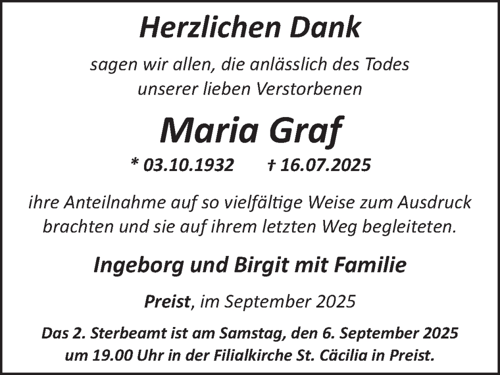  Traueranzeige für Maria Graf vom 05.09.2025 aus WochenSpiegel