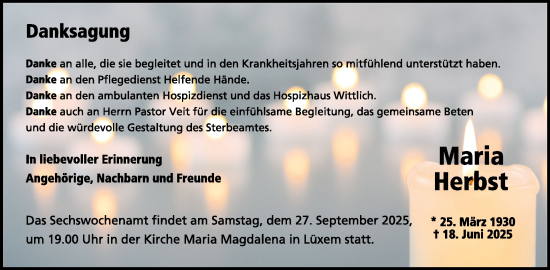 Traueranzeige von Maria Herbst von WochenSpiegel