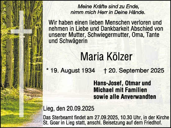 Traueranzeige von Maria Kölzer von WochenSpiegel