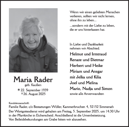 Traueranzeige von Maria Rader von WochenSpiegel