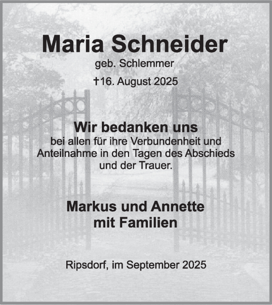Traueranzeige von Maria Schneider von WochenSpiegel