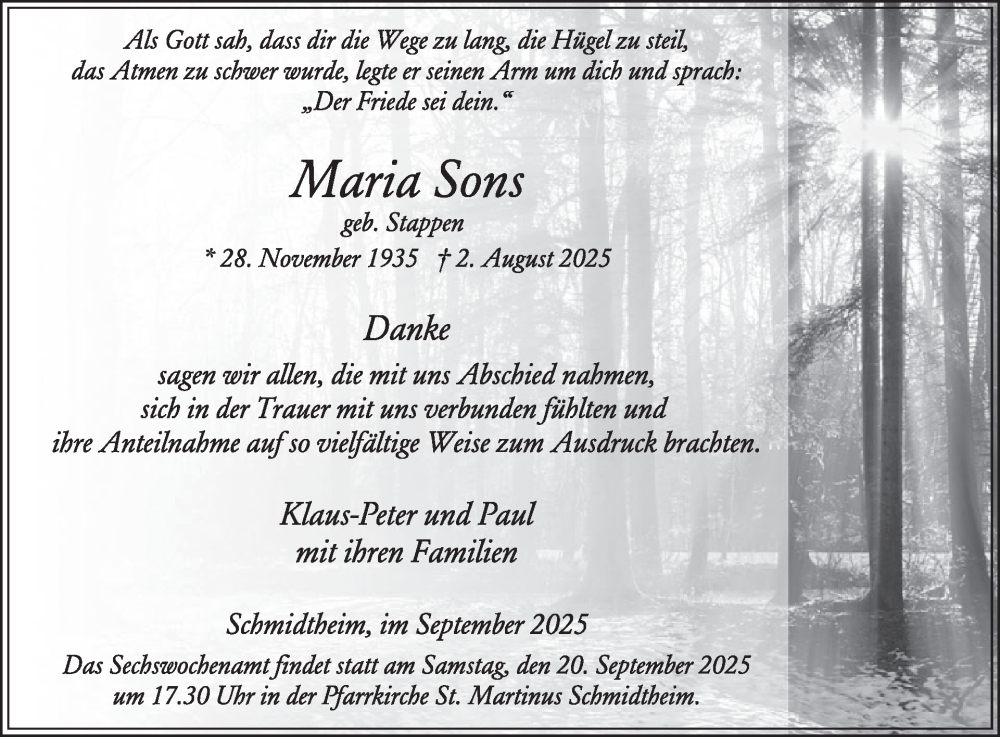  Traueranzeige für Maria Sons vom 10.09.2025 aus WochenSpiegel