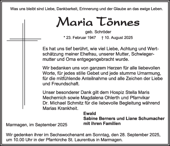 Traueranzeige von Maria Tönnes von WochenSpiegel