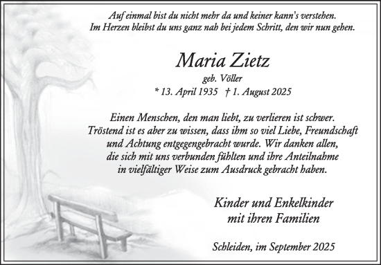 Traueranzeige von Maria Zietz von WochenSpiegel