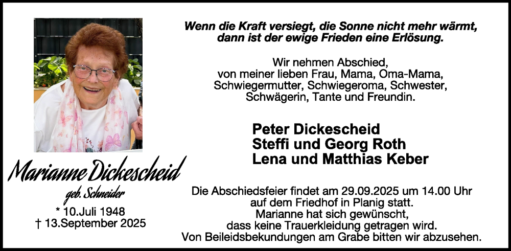  Traueranzeige für Marianne Dickescheid vom 20.09.2025 aus WochenSpiegel