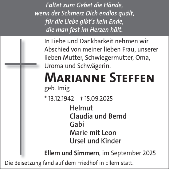 Traueranzeige von Marianne Steffen von WochenSpiegel