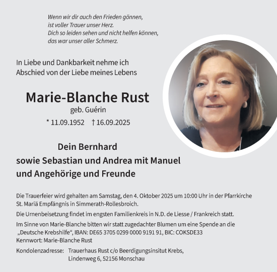 Traueranzeige von Marie-Blanche Rust von WochenSpiegel