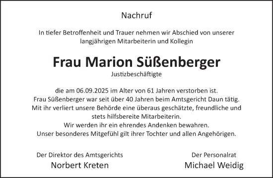 Traueranzeige von Marion Süßenberger von WochenSpiegel