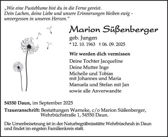 Traueranzeige von Marion Süßenberger von WochenSpiegel