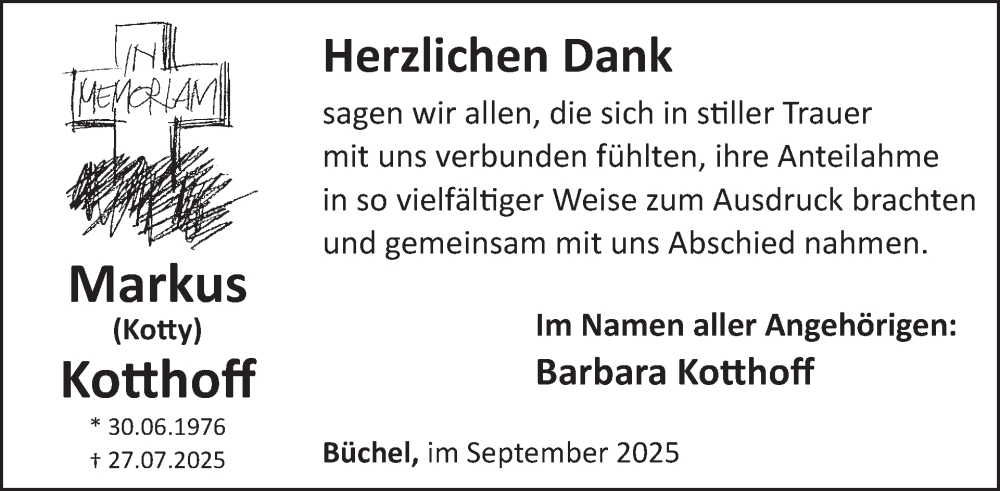  Traueranzeige für Markus Kotthoff vom 10.09.2025 aus WochenSpiegel