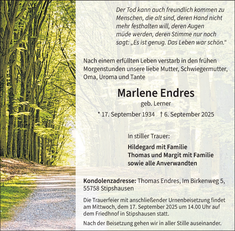 Traueranzeige für Marlene Endres vom 13.09.2025 aus WochenSpiegel