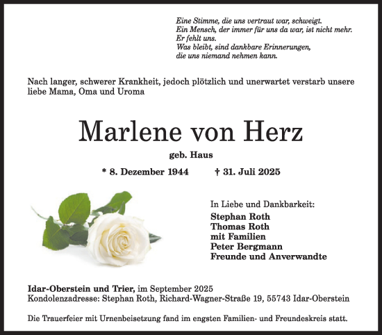 Traueranzeige von Marlene von Herz von WochenSpiegel